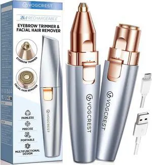 Eyebrow Facial Trimmer: 2 in1 Rechargeable Facial Hair Removal and Eyebrow Shaver - Face Lips Body Painless Facial Razor with Built-in LED Light (Sky Blue)