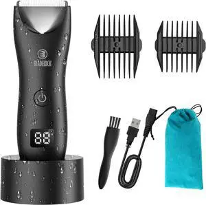 Favrison Body Hair Trimmer for Men, Electric Ball Trimmer with Skin-Safe Ceramic Blade, Waterproof Pubic Groin Hair Trimmer for Mens Grooming Kit with LCD Display & Recharge Dock (Black)