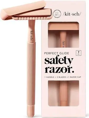 Kitsch Double Edge Safety Razor Kit for Women & Men, Long Metal Handle & Stainless Steel Single Blade, Razors for Women with 5 Double Edge Razor Blades Refills, Travel Reusable Razor for Shaving, 1 Pc