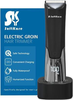 SoftKare Groin Hair Trimmer for Men - Safe Ball Shaver, Replaceable Ceramic Blade Heads & Charging Base, Electric Body Groomer with Light Power Display, Waterproof Wet / Dry Use Male Razor Black
