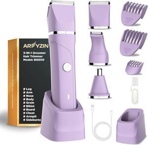AREYZIN Bikini Trimmer for Women Painless Electric Razor for Women,3 in 1 Pubic Hair Trimmer for Women,USB Recharge Dock,Replaceable Ceramic Blade Heads,IPX7,Personal Shaver Kits,Purple