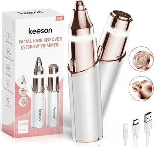 Facial Hair Removal for Women, 2-in-1 Electric Eyebrow Trimmer with LED Light, Rechargeable Hair Removal Device Face Shaver Facial Hair Remover for Women Face, Lip, Peach Fuzz (White)