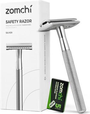 ZOMCHI Double Edge Safety Razor for Men & Women, Metal Razor with 5 Double Edge Safety Razor Blades, Eco-Friendly Razor  Silver