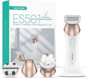VOYOR Electric Razors for Women 4 in 1 Bikini Trimmer, Foil Shaver for Women 4 Replacement Heads for Body, Pubic Hair Trimmer, Cleansing, Massage 2 Adjustable Speeds Rechargeable Shaver ES501 (Gold)