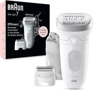 Braun Epilator Silk-épil 7, Hair Removal Device, Women Shaver & Trimmer, Wet and Dry, Wide Head, includes Shaver Head and Trimmer Comb, SE7-041, Silver