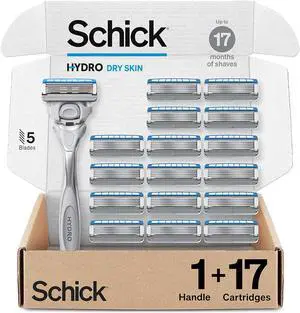 Schick Hydro Dry Skin Razor, 1 Razor Handle and 17 Cartridges | Razors for Men, 5 Blade Razor Men, Mens Razors for Shaving, Razor Blades for Men, 1 Handle with 17 Razor Blades Refills