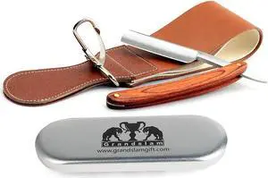 Grandslam Pro Natural Wooden Handle 420 Stainless Steel Straight Razor with Premium Leather Strop,Straight Razor Shaving Kit for Men,2 Layers Leather Canvas Strop Sharpening Strop Brown