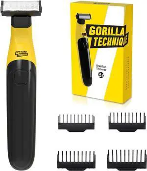 Gorilla Technique Mens Groin & Body Hair Trimmer  2-Way Pivot Blade, No-Nick Skin Guard, 4 Trimming Heads, 16mm Combs, IPX4 Waterproof, Electric Shaver for Pubic & Ball
