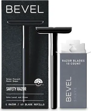 Bevel Safety Razor with Brass Weighted Handle and 10 Double Edge Safety Razor Blade Refills, Single Blade Razor for Men, Designed for Coarse Hair to Prevent Razor Bumps, Black
