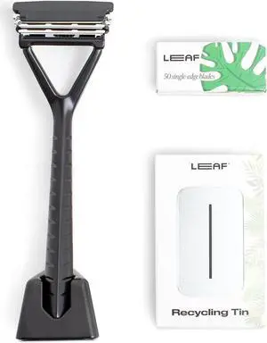 Leaf Shave | The Leaf Razor Set, Black - Includes 1x Leaf Razor, 1x Matching Leaf Razor Stand, 1x 50-Pack of Single-Edge Blade Refills, and 1x Razor Blade Bank