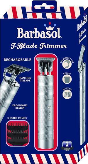 Barbasol Stainless-Steel Rechargeable Zero-Gapped T-Blade Trimmer, Hanging Blade, 3 Guide Combs