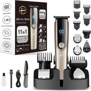 Beard Trimmer for Men - 5 in 1 Kit Electric Razor, Nose Hair Trimmer with LED Display, Cordless Mustache Body Face Grooming Kit, Rechargeable Beard Shaver (Gold)
