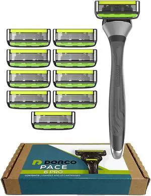 Dorco Pace 6 Pro - Six Blade Razor System with Trimmer - 10 Pack (1 Handle + 10 Cartridges)