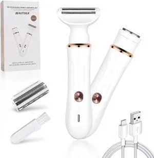 Electric Razor for Women: 2-in-1 Painless Epilator & Hair Removal Kit, Wet&Dry Use, Cordless, Type-C Rechargeable with Facial Hair Trimmer, 3-Blade Shaver Head, Plus Replacement Tip.BEAUTISILK