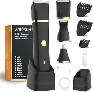 Body Hair Trimmer Men Painless Body Groomer & Ball Trimmer Men,3 in 1 Pubic Hair Trimmer for Men,USB Recharge Dock,Replaceable Ceramic Blade Heads,IPX7,Mens Grooming Kits,Black