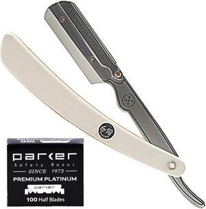 Parker SRW Straight Edge Barber Razor for Men with 100 Parker Platinum Stainless Steel Single Edge Barber Razor Blades for a Barber Shop Shave