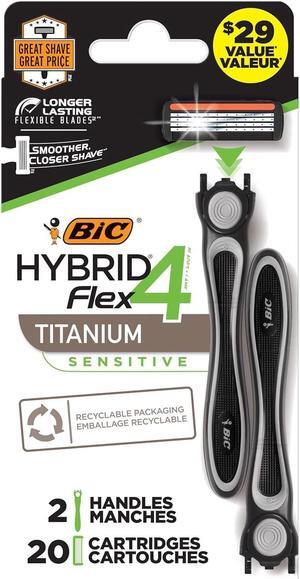 BIC Flex 4 Hybrid Men's 4-Blade Disposable Razor, 2 Handles and 20 Cartridges, Smooth and Close Shave