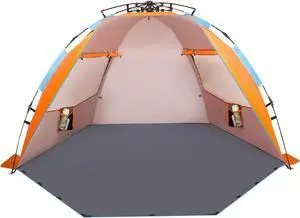 Oileus X-Large 4 Person Beach Tent Sun Shelter - Portable Sun Shade Instant Tent for Beach with Carrying Bag, Stakes, 6 Sand Pockets, Anti UV for Fishing Hiking Camping, Waterproof Windproof, Orange