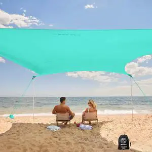 WEKAPO Beach Tent Sun Shelter - Easy Setup Beach Canopy with 4 Sturdy Poles, Large Sandbags and Shovel, 6'7'' Tall, Windproof Beach Sun Shade for Backyard and Camping, UPF 50+ Protection