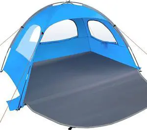 Beach Tent, 2-3 Person Sun Shade Shelter with UPF50+ Protection Extended Floor & 3 Ventilating Roll Up Windows Carrying Bag Stakes and Tiedown Strings