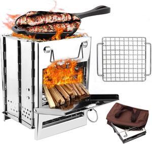 Camping Wood Burning Stove with Grill, Collapsible Backpacking Survival Rocket Stove Stainless Steel Campfire Stove for Outdoor Cooking Picnic Hiking BBQ (Sliver-Small)
