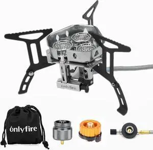 ONLYFIRE 3 Fuel Backpacking Stove with Propane & Butane Adapter, Portable Camping Gas Stove, Mini Camp Stove with Piezo Ignition & Carry Bag for Outdoor Cooking Picnic Camping Hiking GS334
