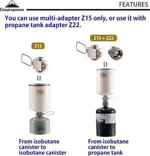 camping moon Butane to Propane Gas Refill Adapter and LPG Propane Adapter (Isobutane gas to 1lb propane tank (Z15/Z22))