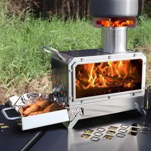 GoHawk Portable Wood Burning Camp Stove Mini Heater Burner with Fireproof Glass Window 304 Stainless Steel Cooking Oven Grill Heating Tray for BackPacking Camping Tent Fishing Hiking Picnic BBQ
