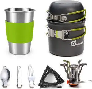 Odoland Camping Cookware Stove Carabiner Canister Stand Tripod and Stainless Steel Cup, Tank Bracket, Fork Spoon Kit for Backpacking, Outdoor Camping Hiking and Picnic