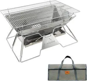 Campingmoon Portable Camping Fire Pit,Foldable Stainless Steel Grill Gate Foldable BBQ for Travel with Carrying Bag 5-6 People