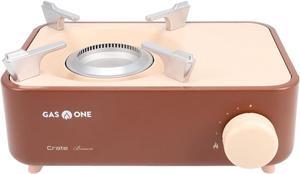 Gas One Butane Fuel Camp Stove  Crate Series - Mini Stove for Camping, Hiking  Portable Gas Stove with Spiral Flame  Even Heat Distribution  Modern and Easy to Use (Brown)