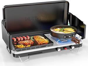 ROVSUN 2-in-1 Portable Camping Stove & Propane Grill with Enamel Griddle & Piezo Igniter, Tabletop Camp Stove with Built-in Handle, Wind Panel & Regulator for Outdoor Camping, Tailgating, Grilling