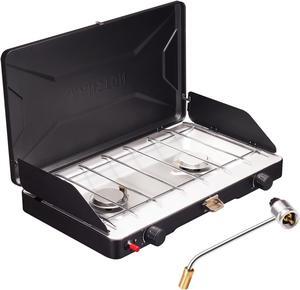 2-Burner Propane Camping Stove, 20,000 Total BTUs Portable Gas Camping Grill, Stovetop with Adjustable Burners, Wind Guards, Heavy-Duty Latch, Built-in Carrying Handle, Pressure regulator