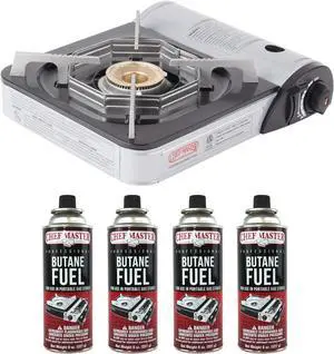 Chef Master 90011 Portable Butane Stove | 10,000 BTU Outlet | Camp Kitchen Equipment | Emergency Stove | Hurricane Stove | Single Burner Camp Stove | Camping Cooking Stove + 4 Fuel Canisters