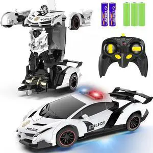 FDJ Remote Control Car - Transform Toys Car Robot, One Button Deformation to Robot with Flashing Light, 2.4Ghz 1:18 Scale Transforming Police Car Kids Toys with 360 Degree Rotating, Girls Boys Toys