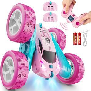 RC Cars, Pink Remote Control Car for Girls, 2.4 GHZ Double Sided RC Stunt Car 360° Rotating Remote Control Crawler with Headlights Car Toys for 6 7 8 9 10 11 12 Girls Birthday