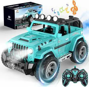 DEERC Remote Control Car with Fog Mist & Music, 1:16 Remote Control Truck for Boys, 2.4Ghz RC Car Toy with 2 Batteries, All Terrain SUV Gifts Crawler with Trailer Hitch