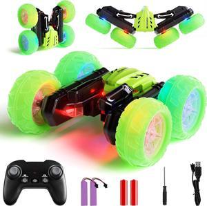 RC Cars Stunt Cars, Remote Control Car for Boys Girls, Drift High Speed RC Cars, 360° Flips Double-Side RC Monster Truck with Headlight Wheel Light, Toys Gift for Kids on Christmas (Green)