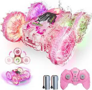 Amphibious Remote Control Car for Water or Land Play, RC Car for Kids Girls with LED Lights 4WD Stunt Car Pink Pool Toys with 70/36Minutes Play 2Batteries,360°Rotation,180°Flip,2.4GHz Remote
