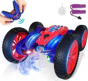 Remote Control Car, RC Stunt Car with Spray Effect & LED Words, 360°Flip Double Sided 4WD Off-Road RC Car for Kids, Remote Control Car for Boys 4-7,8-12, Toys for Boys 5-7,8-12,Gift for Boys Girls
