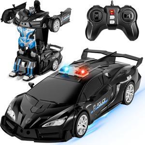 Remote Control Car, Transform Robot RC Cars, 2.4Ghz 1:18 Scale Transforming Police Toy Cars with One-Button Deformation and 360° Rotating Drifting, Gift for Kids 8-12 Boys Girls (Black)