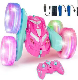 Remote Control Car for Girls 3-12 with Flashing Light, Toys 4 5 6 7 8 9 Years Old Girl Birthday Gifts Idea, RC Cars Stunt 4WD 2.4Ghz Double Sided 360° Flip, Present for Kids, Christmas, Pink