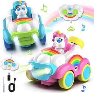 Hangrui 2 Pack Remote Control Cars, Unicorn Toys for Ages 2-6, Toddler 2.4Ghz RC Cars with Colored Lights, Music and Sound, Christmas Birthday Gift for 2 3 4 5 6 Year Olds Girls Boys