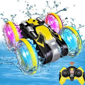 Toys for 5-12 Year Old Boys Amphibious RC Car for Kids 2.4 GHz Remote Control Boat Waterproof RC Stunt Car Truck with LED Lights 4WD Remote Control Car Boy Girl Gifts All Terrain Water Beach Pool Toy