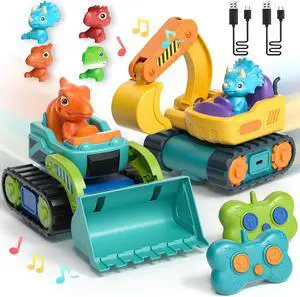 Lehoo Castle Construction Toys, 2 Pack Remote Control Car for Toddlers 1-3, Rechargeable Excavator Toy Bulldozer Toys for 2 Year Old Boy, 3 Year Old Boy Toys