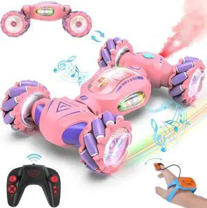 Pink Remote Control Car for Girls 6-12, 2.4Ghz 4WD Hand Controlled RC Car with Light & Music & Spray, Double-Sided 360° Rotating Gesture Sensing RC Stunt Car Birthday Gifts for Girls