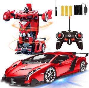 AMENON Remote Control Transform Car Robot Toy for Boys Kids Teens Toys with Lights RC Car 2.4Ghz 1:18 Rechargeable 360°Rotating Race Car Toys Hoilday Birthday Gifts for Boys Girls Party Favors (Red)