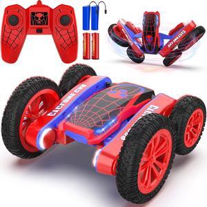 Spider Remote Control Car for Kids - 2.4Ghz Fast RC Stunt Cars, 360° Rotating 4WD RC Crawler with Lights, Rechargeable Car Toy for Boys Ages 6 7 8 9 10 Birthday Black&Red