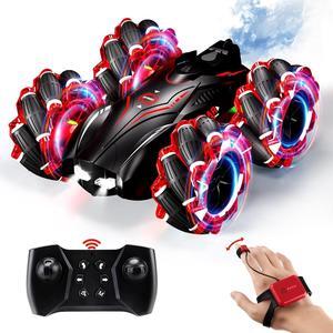 RC Gesture Sensing Stunt Car2.4GHz 4WD Remote Control Car with Cool LightDouble Sided Rotating Off Road Vehicle 360° Flips Cars for 6-12 Year Old Boys Girls Birthday Presents (Red)