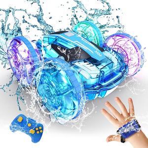 Tecnock Amphibious Remote Control Car Boat for Kids, 4WD RC Stunt Car with Waterproof Remote Control, 2.4GHz Gesture RC Cars with LED Lights, Water Pool Toys Gifts for Boys, Girls